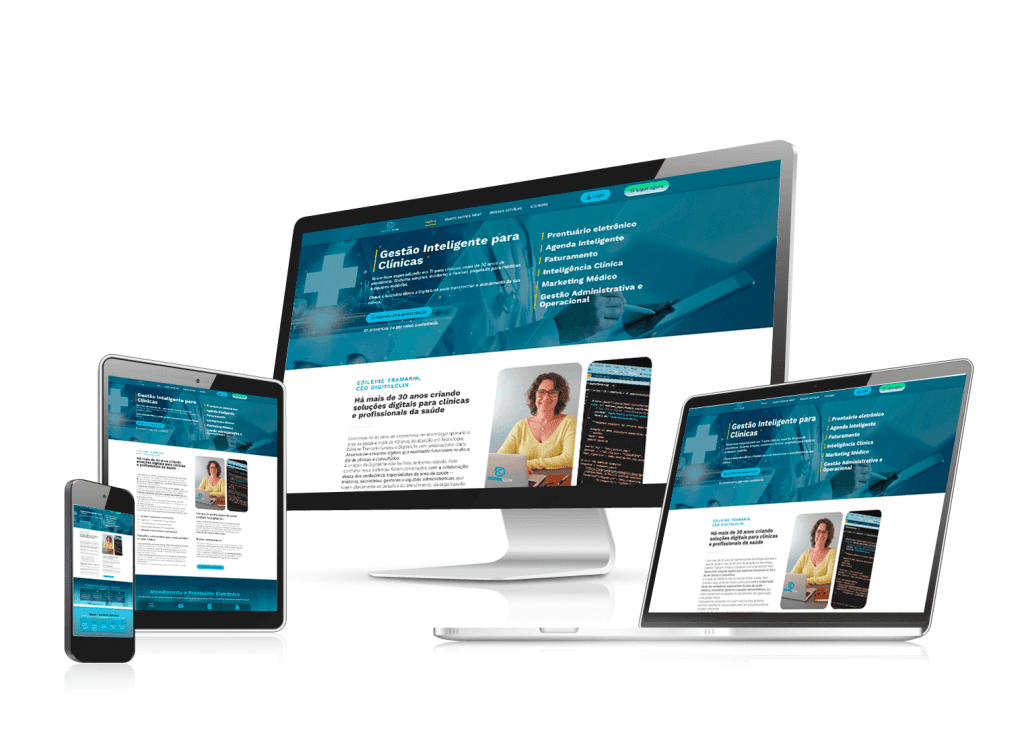 O site da Digitalclin, apresentado on-line: computador, ‘tablet’ e telefone.