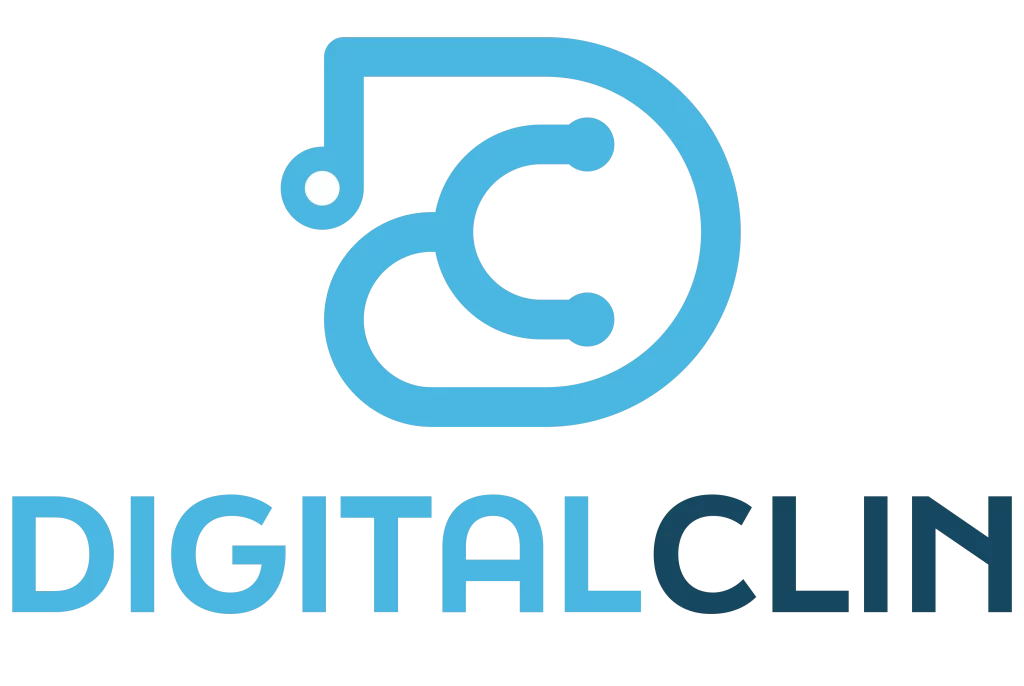 Esse é o logo da Digitalclin, nos tons de azul claro e azul escuro.